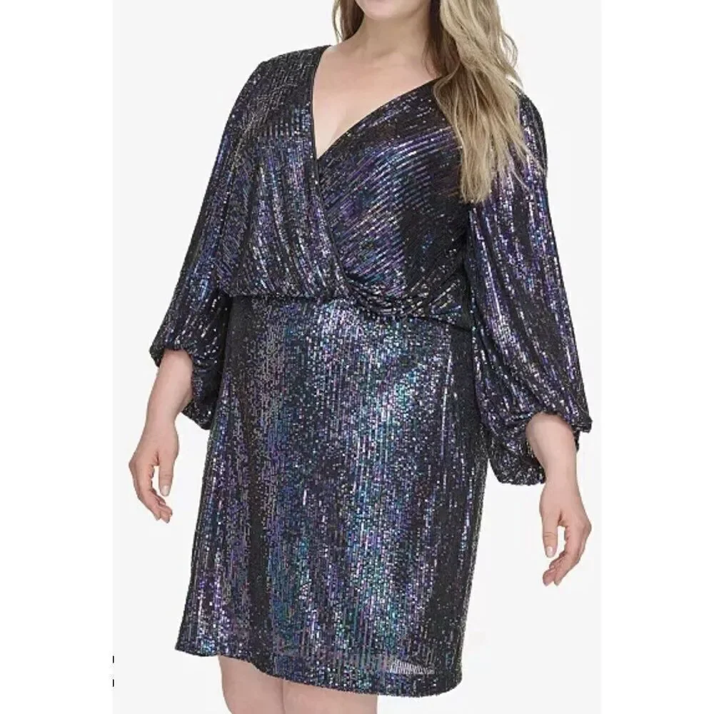 Eliza J Women's Cocktail Dress Size 8 Black Multi Sequined 3/4 Ballon Sleeve - Picture 4 of 8